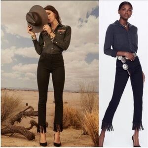 MOTHER The High Waisted Rascal Crop FrayWestern Fringe Hem Cropped Black Jeans